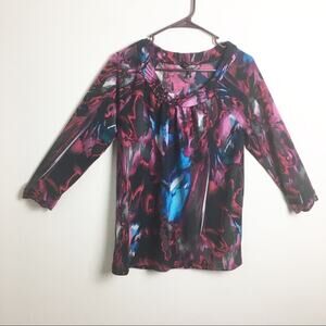 Daisy Fuentes 3Q Sleeve Pattern Blouse Blue Pink Medium